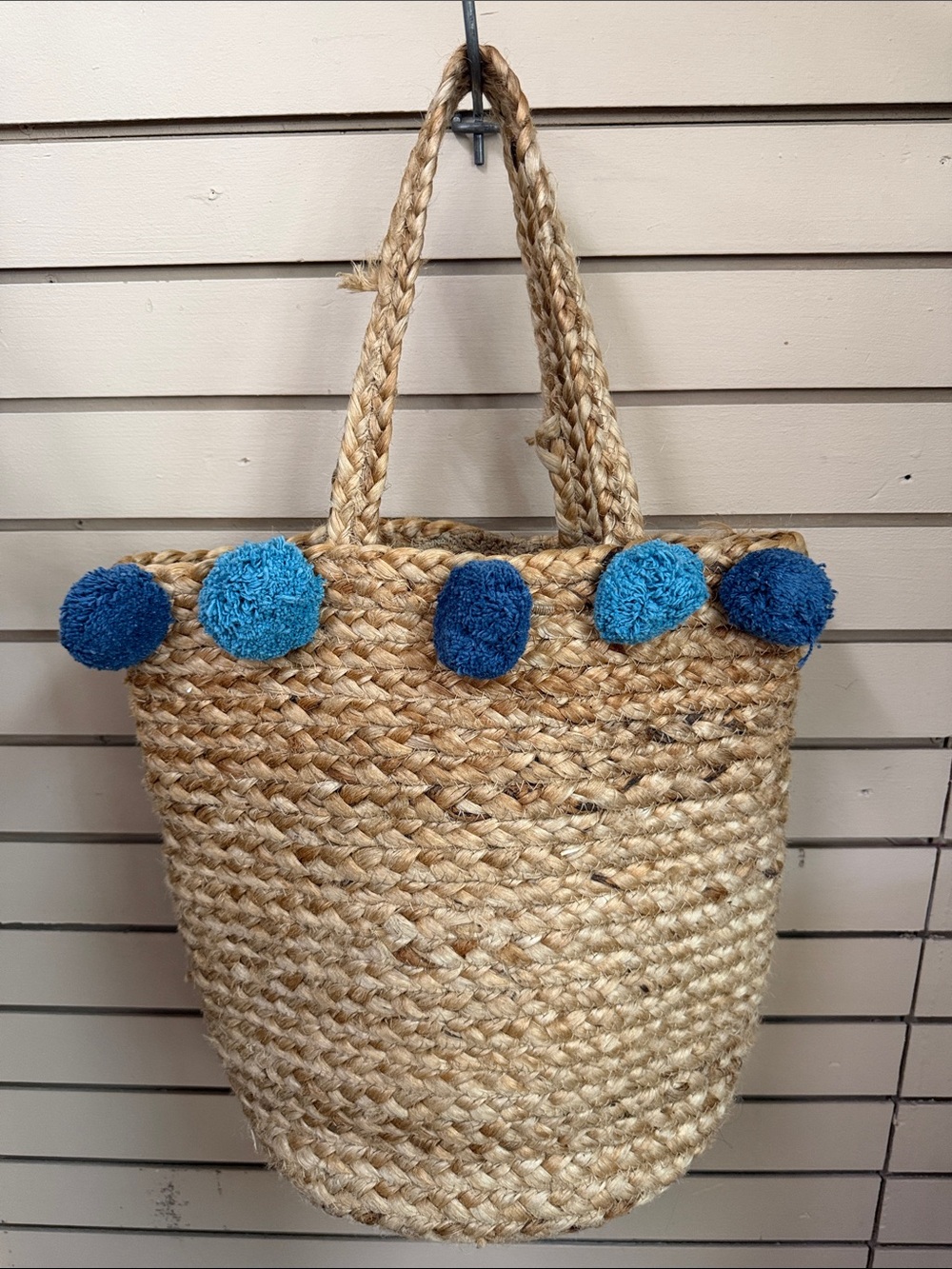 Braided Straw Tote Bag with Blue Pom-Pom Accents